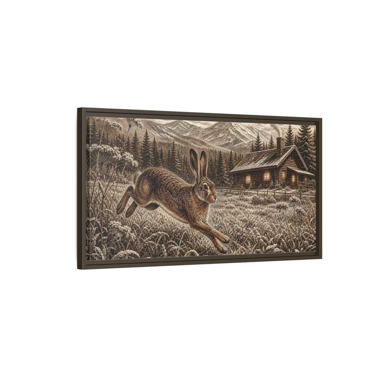 Main Mockup. Animals Running Hare Sepia Hare Landscape shown as stretched canvas wall art