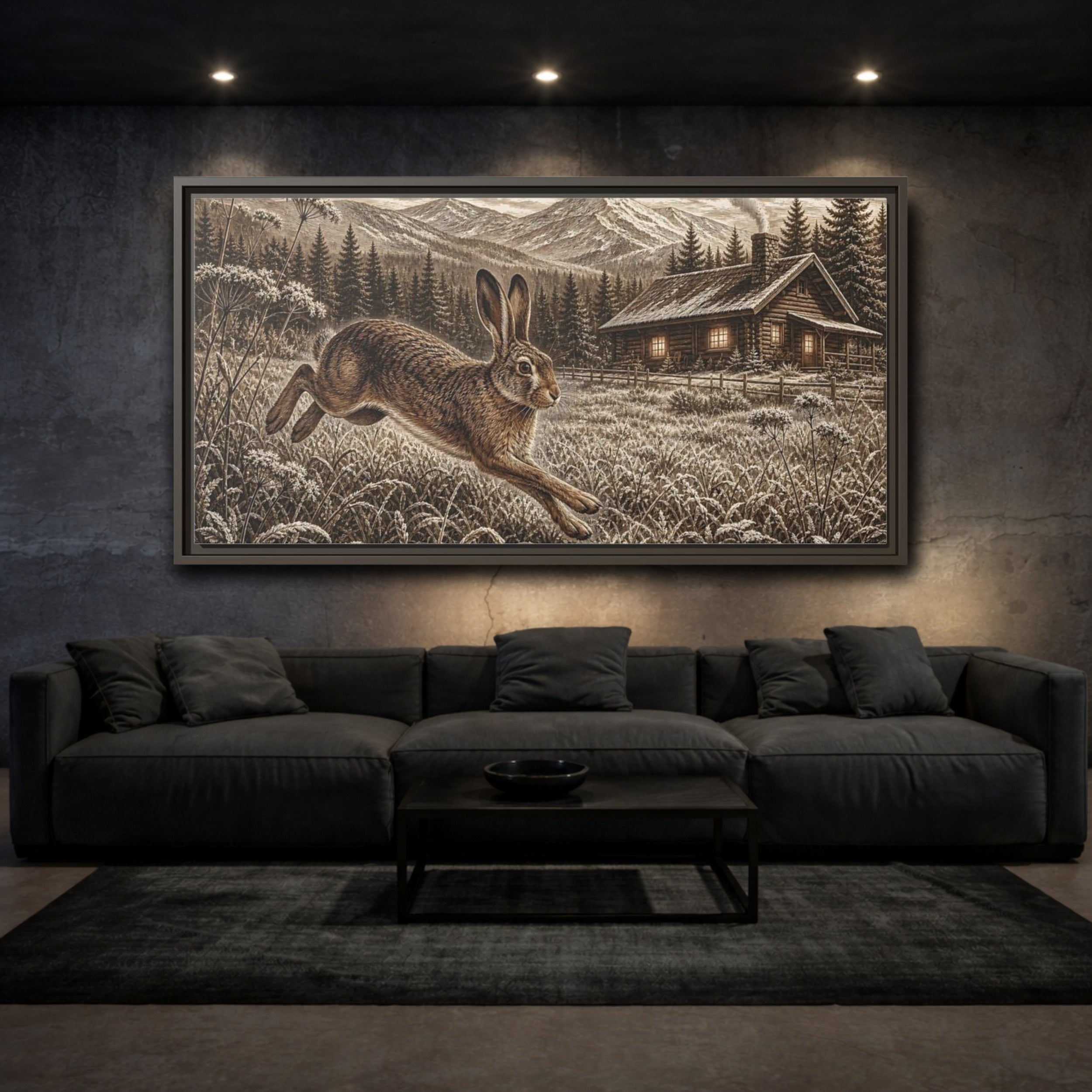 Mockup 3. Animals Running Hare Sepia Hare Landscape shown as stretched canvas wall art