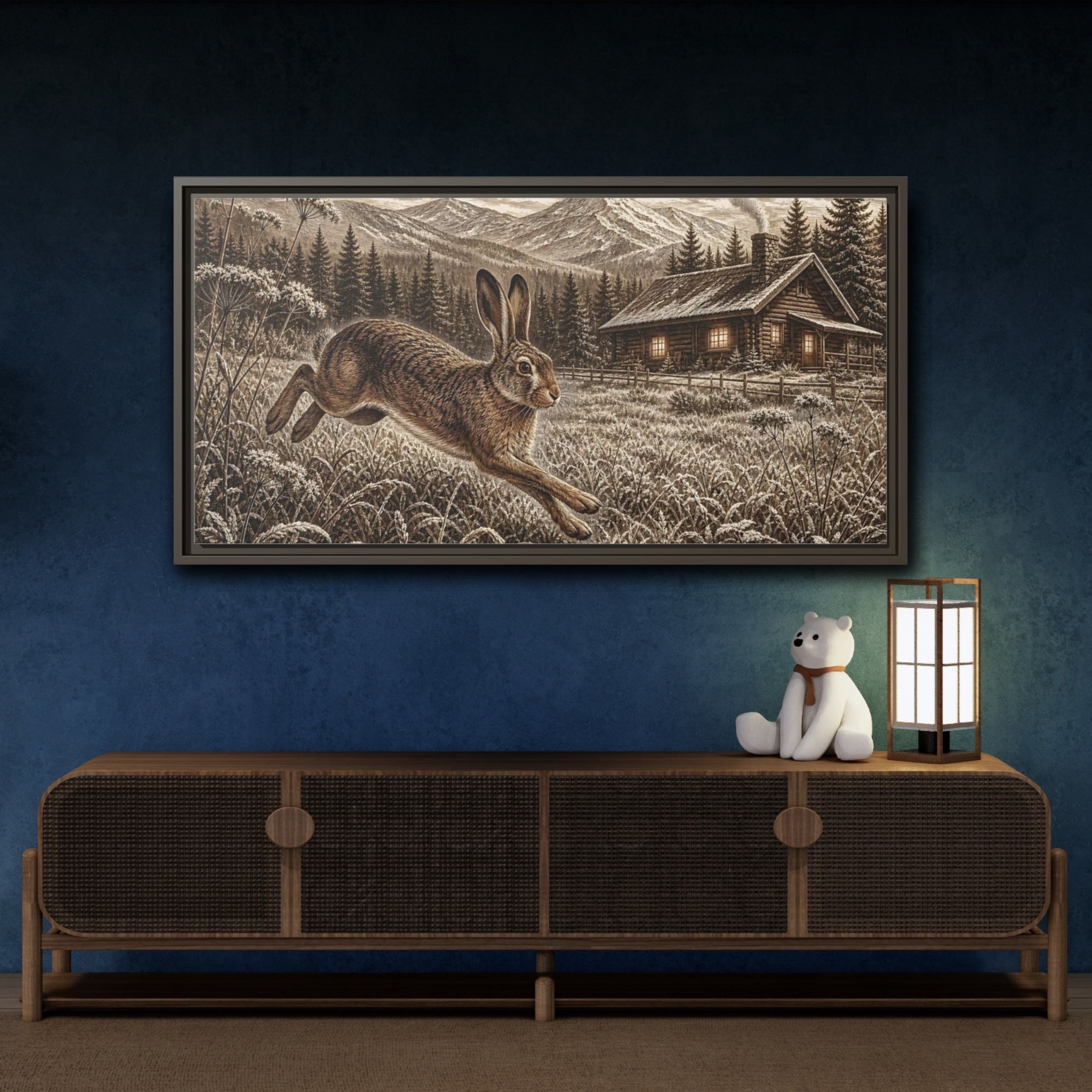 Mockup 4. Animals Running Hare Sepia Hare Landscape shown as stretched canvas wall art