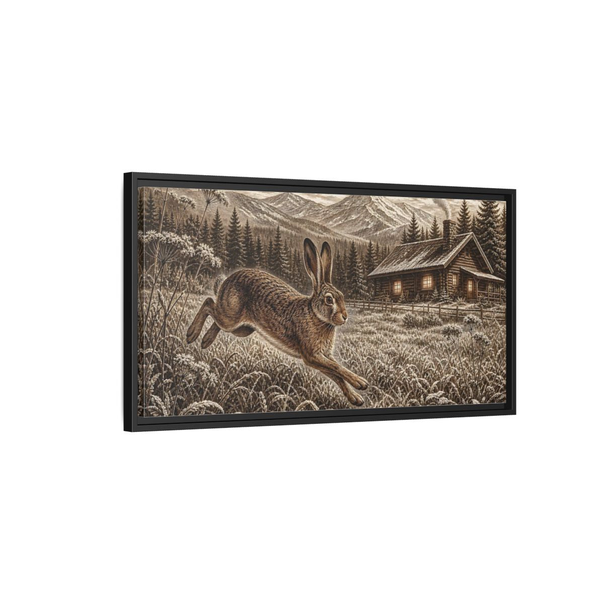Side Mockup 2. Animals Running Hare Sepia Hare Landscape shown as stretched canvas wall art