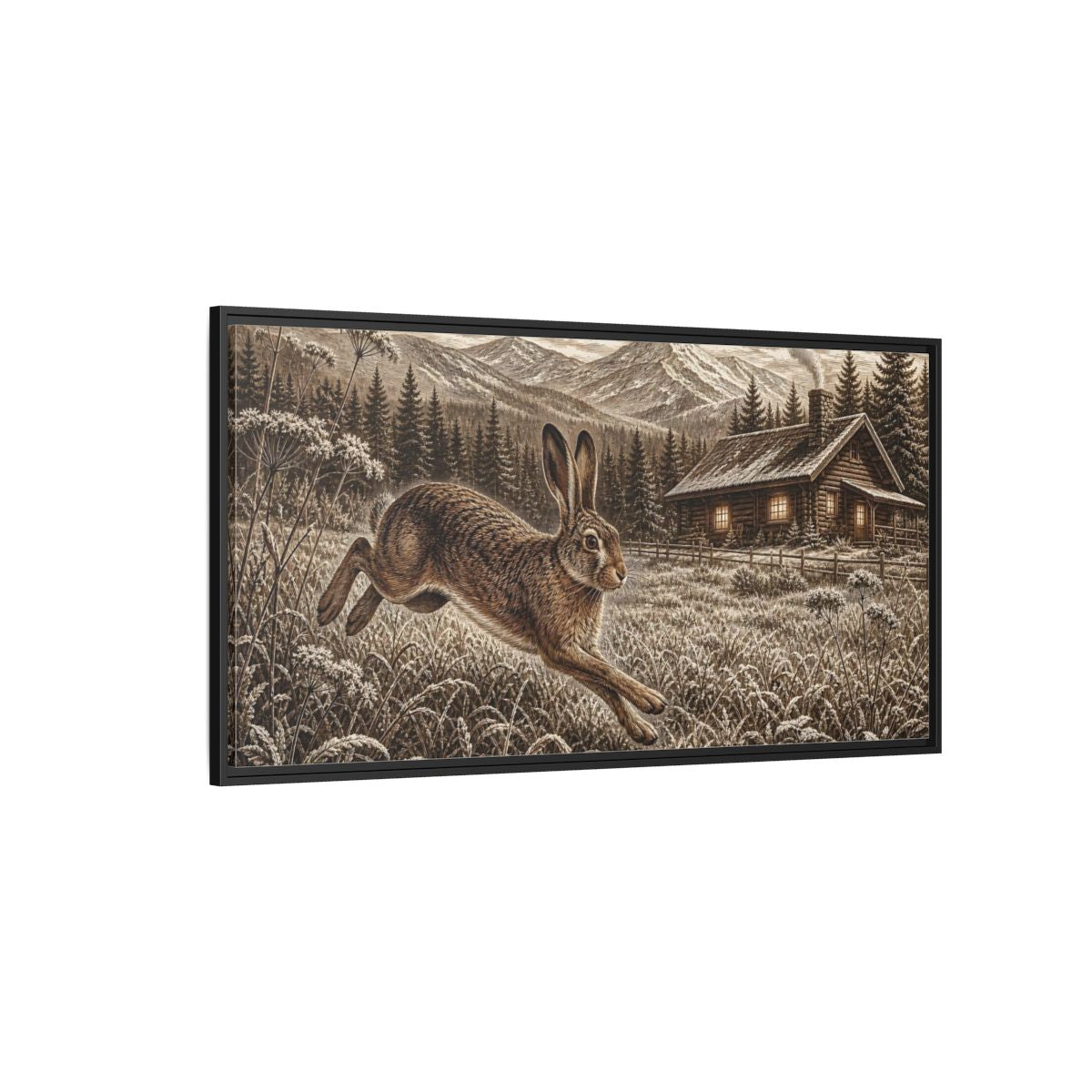 Side Mockup 5. Animals Running Hare Sepia Hare Landscape shown as stretched canvas wall art