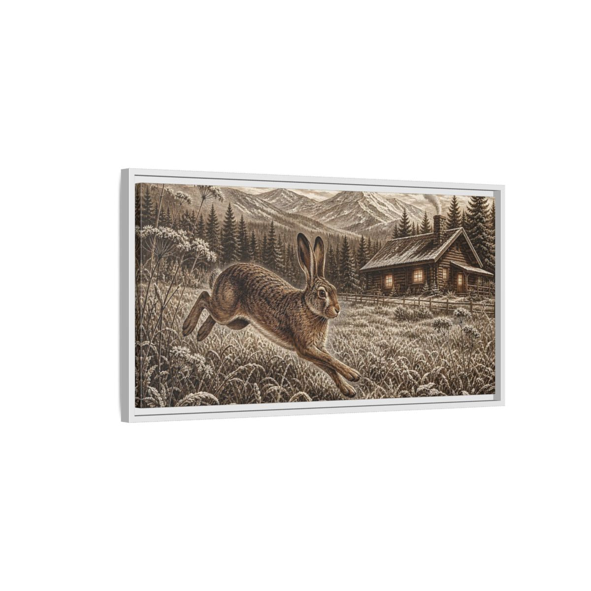 Side Mockup 1. Animals Running Hare Sepia Hare Landscape shown as stretched canvas wall art