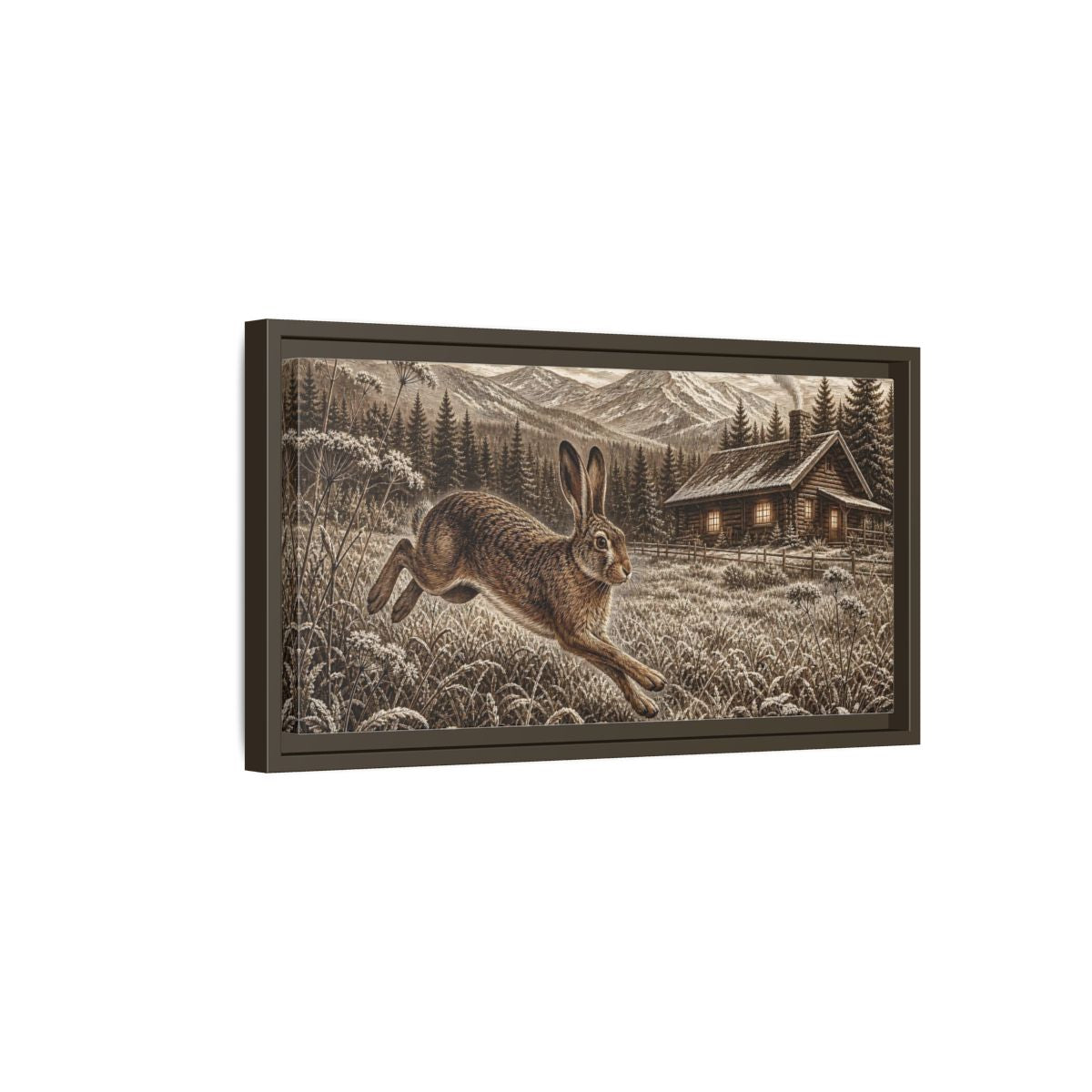 Side Mockup 7. Animals Running Hare Sepia Hare Landscape shown as stretched canvas wall art