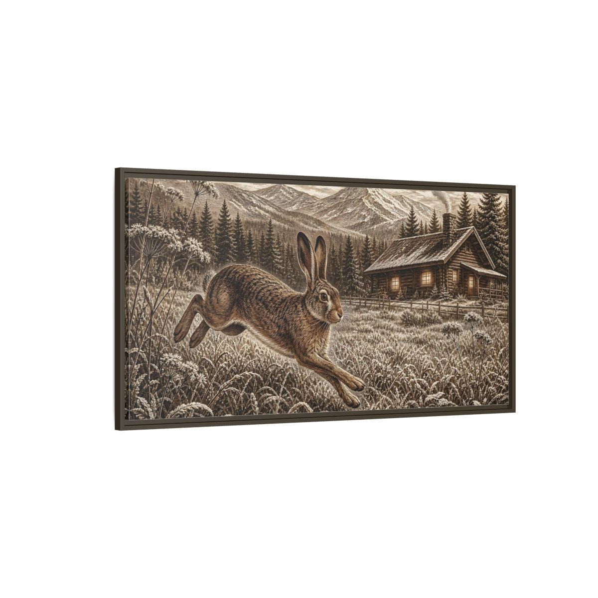Side Mockup 4. Animals Running Hare Sepia Hare Landscape shown as stretched canvas wall art