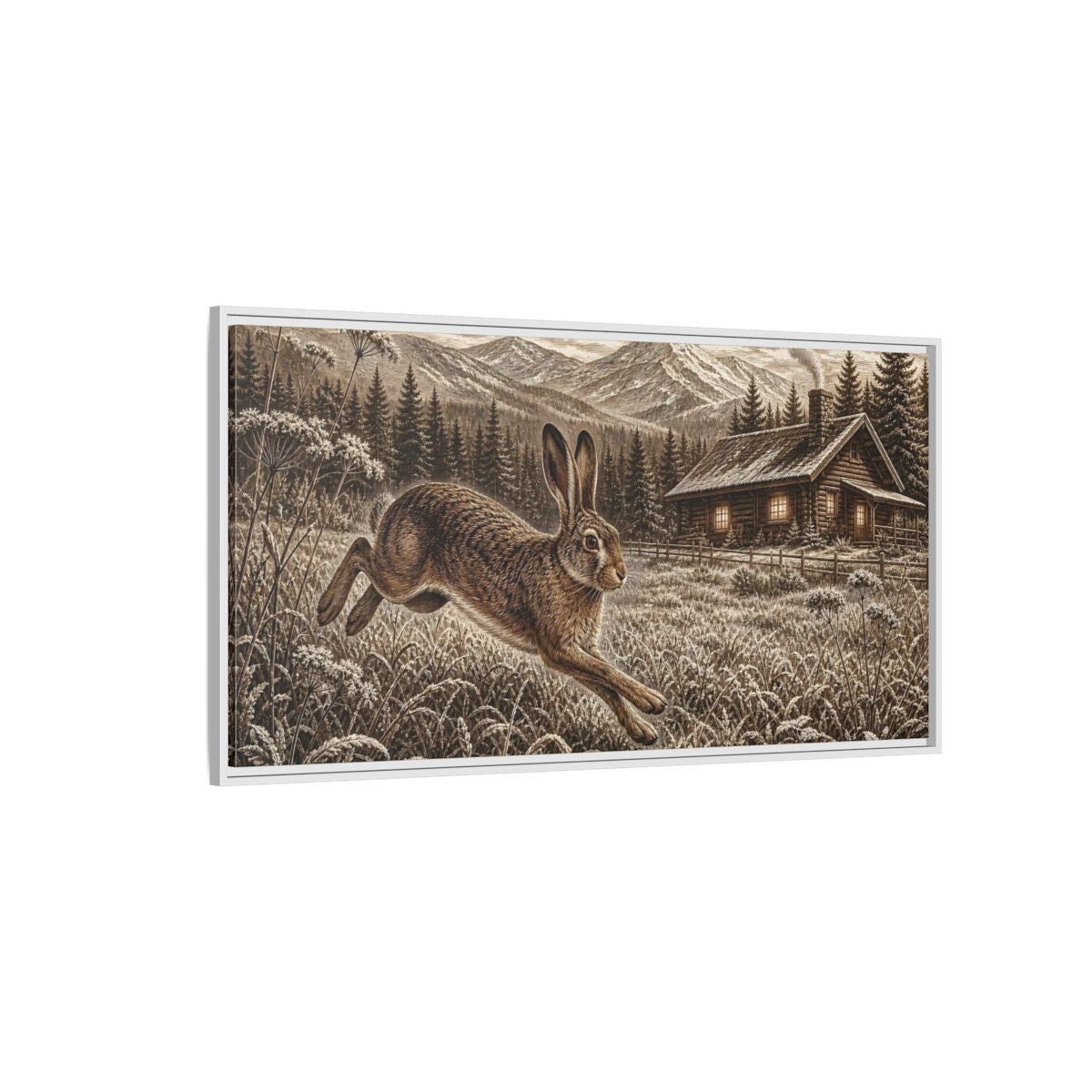 Side Mockup 3. Animals Running Hare Sepia Hare Landscape shown as stretched canvas wall art