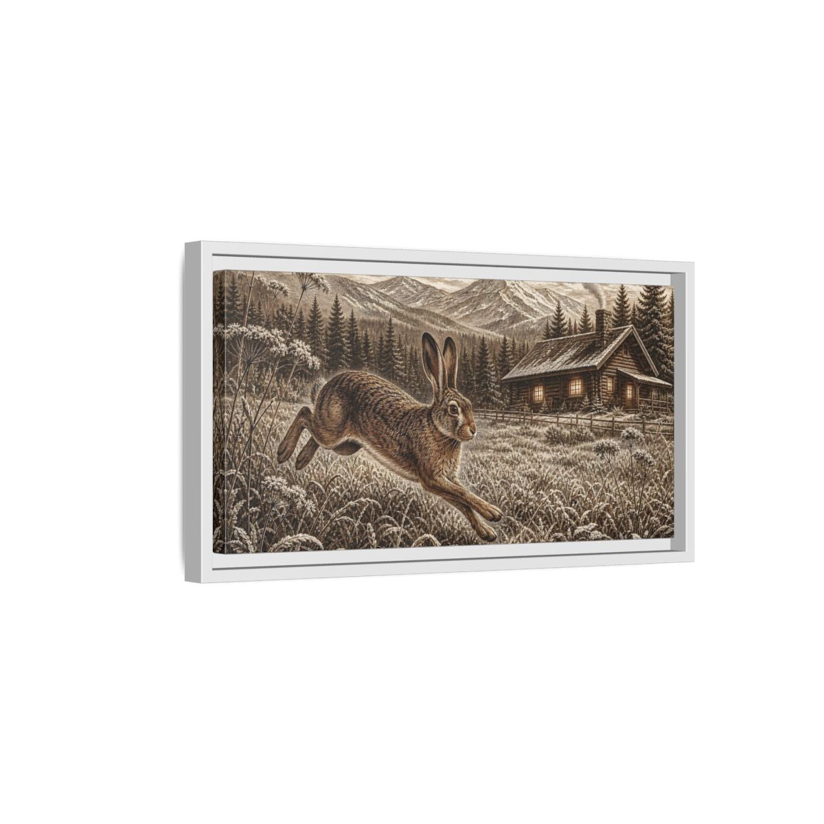 Side Mockup 6. Animals Running Hare Sepia Hare Landscape shown as stretched canvas wall art