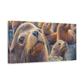 Side Mockup 3. Animals Sea Lions Brown And Blue Sea Lions shown as stretched canvas wall art