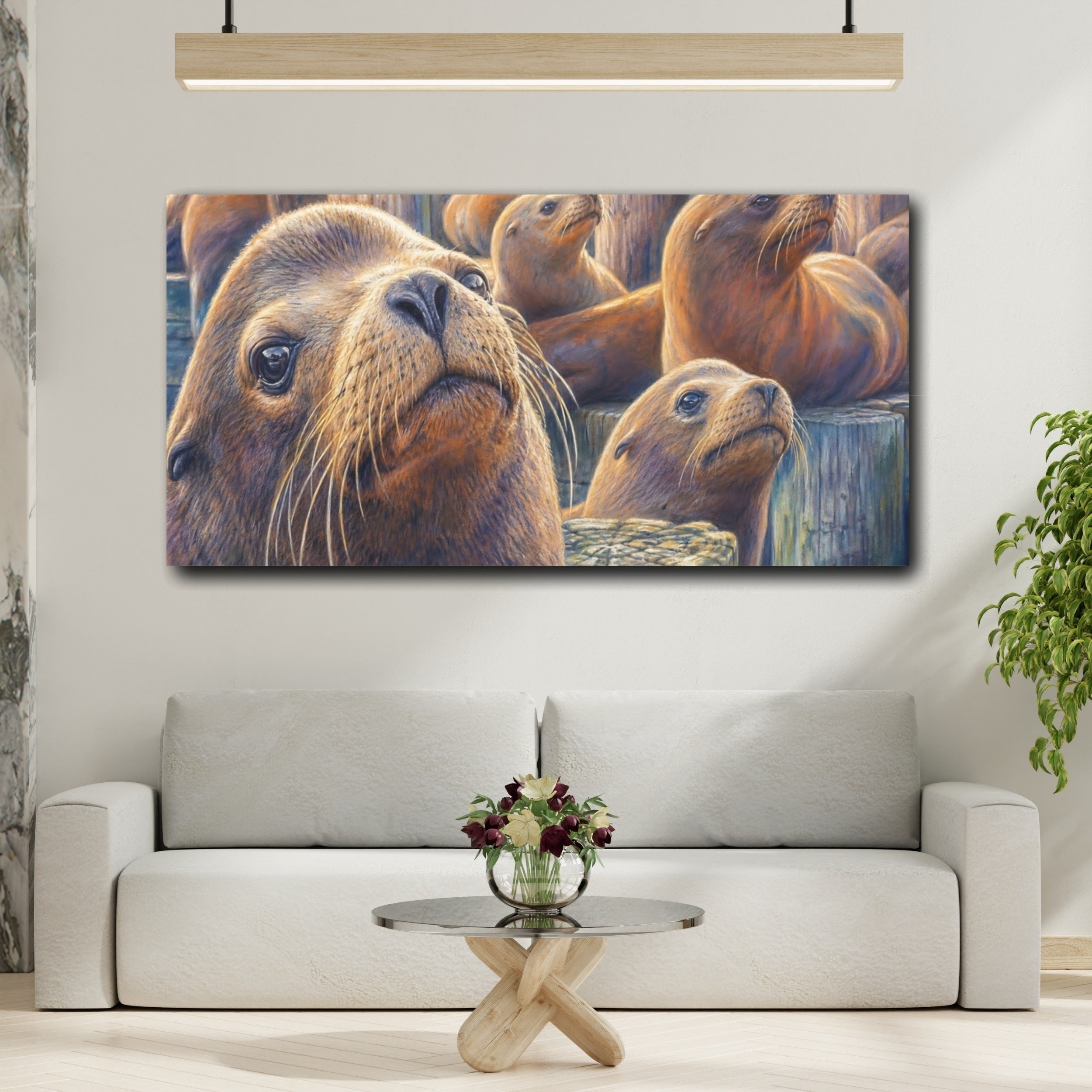 Mockup 2. Animals Sea Lions Brown And Blue Sea Lions shown as stretched canvas wall art
