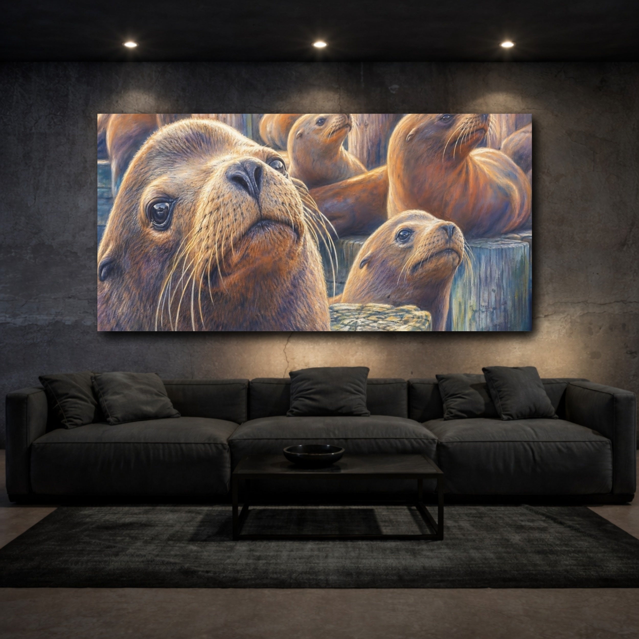 Mockup 3. Animals Sea Lions Brown And Blue Sea Lions shown as stretched canvas wall art