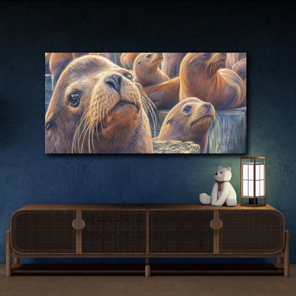 Mockup 4. Animals Sea Lions Brown And Blue Sea Lions shown as stretched canvas wall art