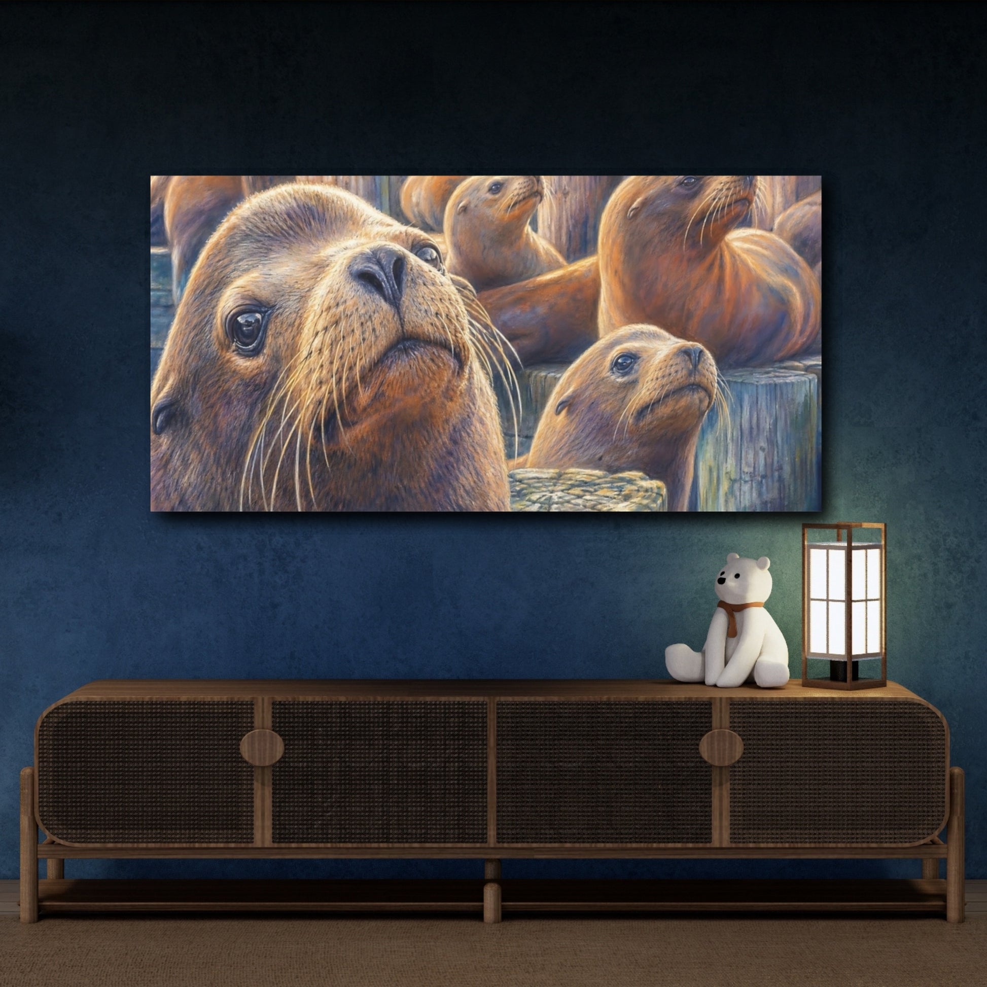 Mockup 4. Animals Sea Lions Brown And Blue Sea Lions shown as stretched canvas wall art