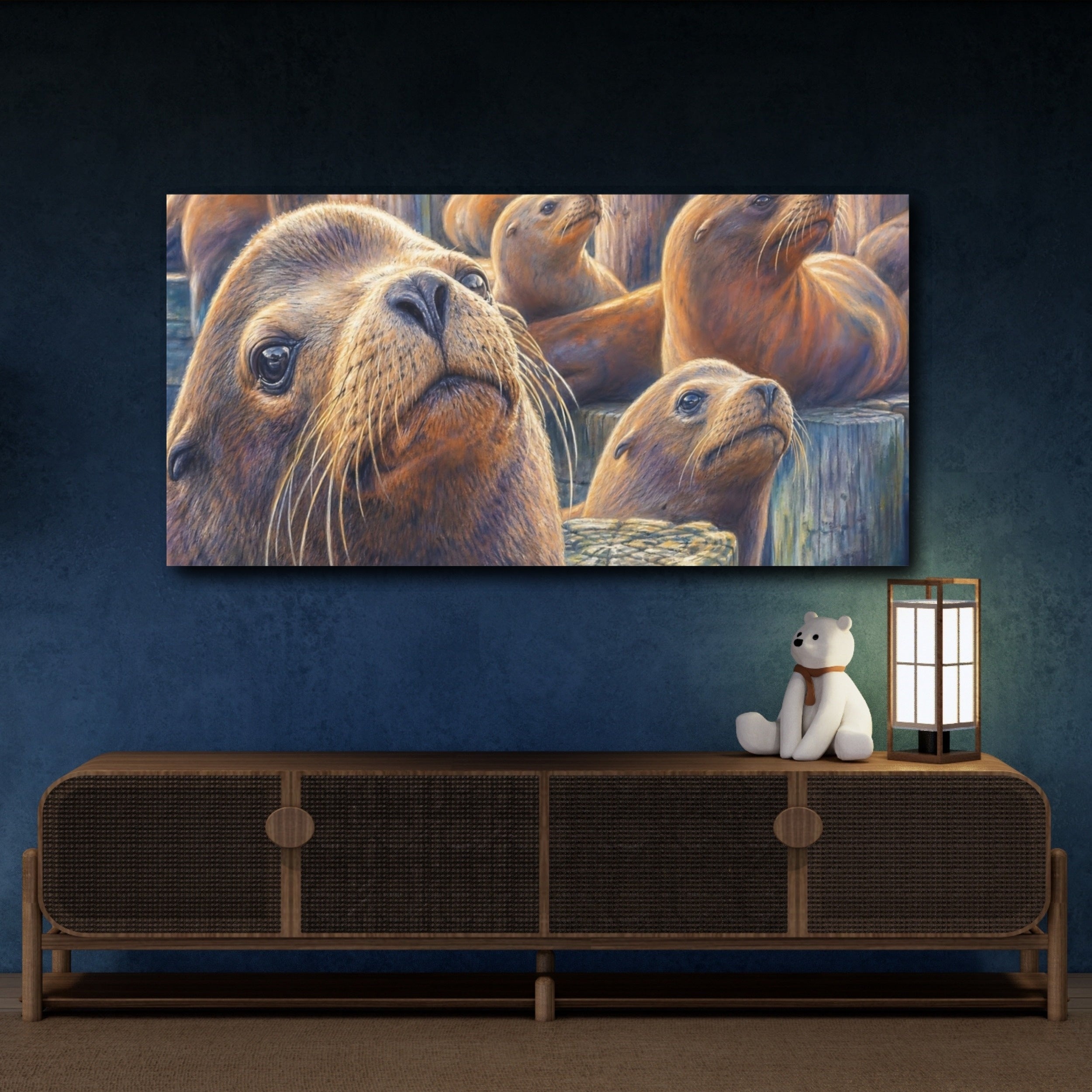 Mockup 4. Animals Sea Lions Brown And Blue Sea Lions shown as stretched canvas wall art