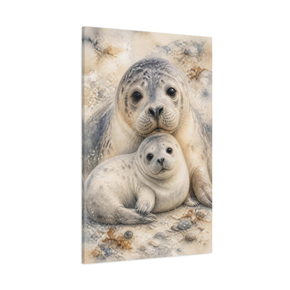 Side Mockup 1. Animals Seal Mother And Pup shown as canvas print