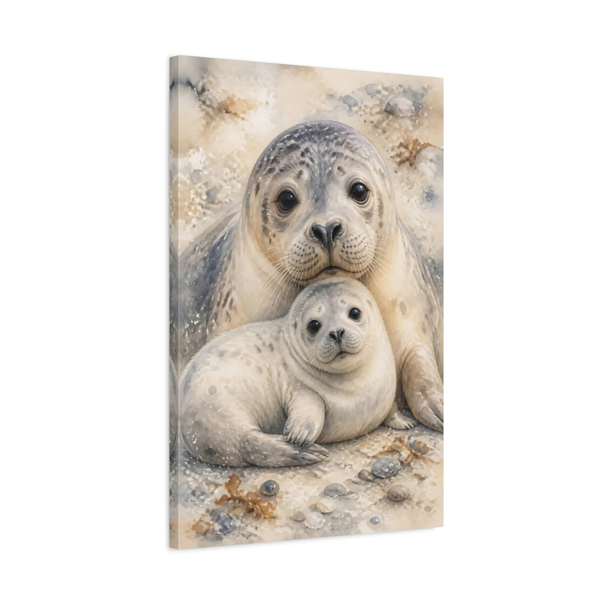 Side Mockup 2. Animals Seal Mother And Pup shown as canvas print