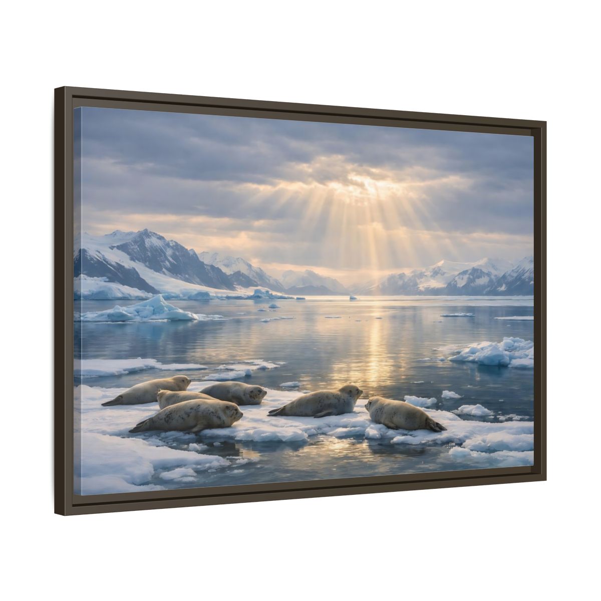 Side Mockup 11. Animals Seals Sunlit Arctic Seals shown as stretched canvas wall art