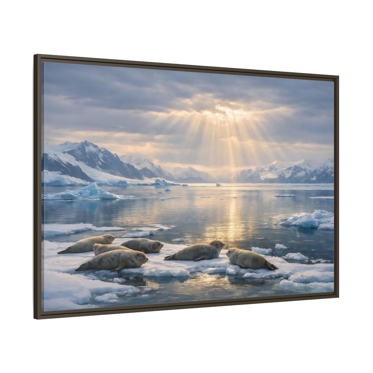 Side Mockup 8. Animals Seals Sunlit Arctic Seals shown as stretched canvas wall art