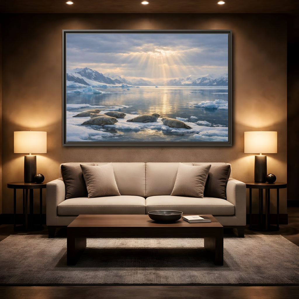 Mockup 2. Animals Seals Sunlit Arctic Seals shown as stretched canvas wall art