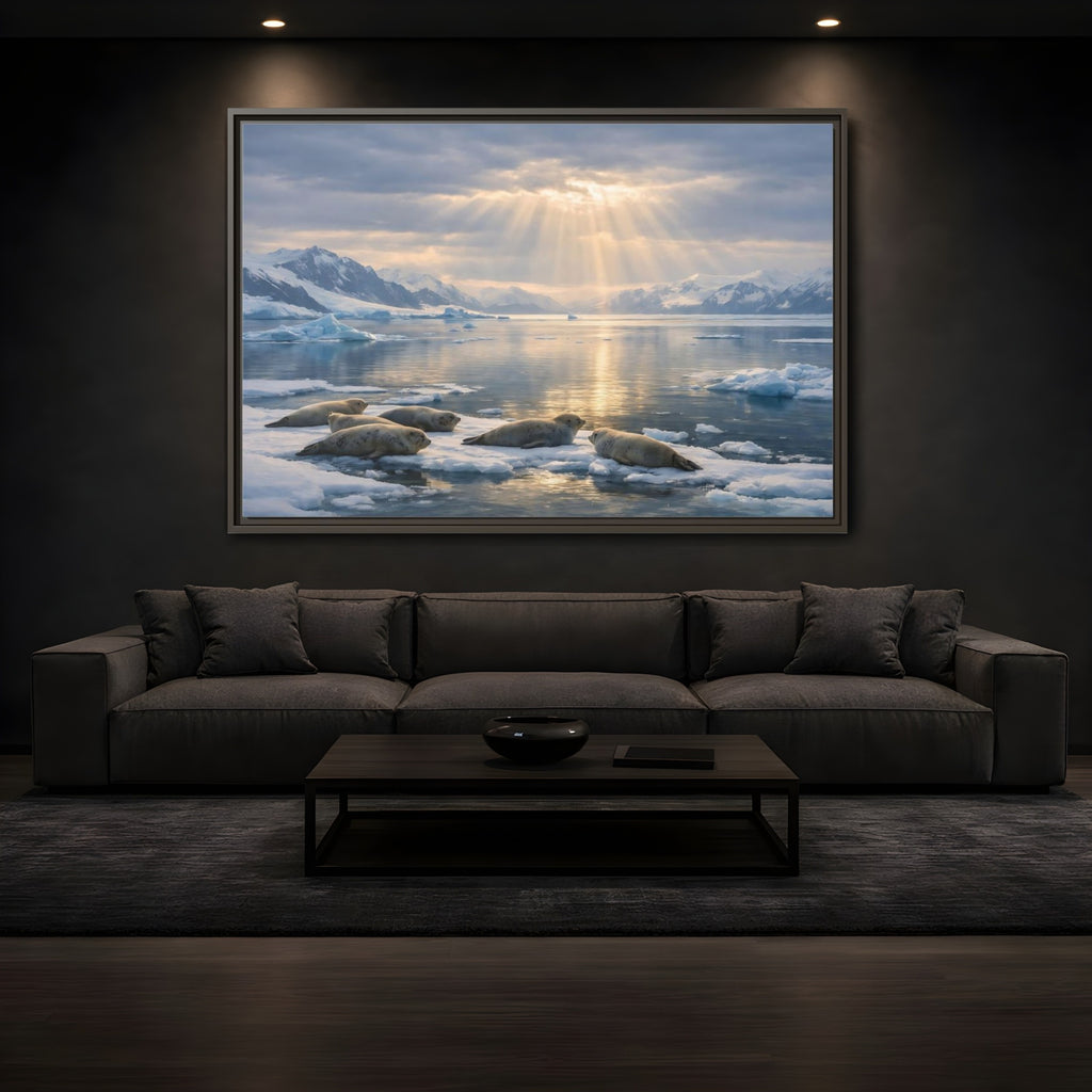 Mockup 3. Animals Seals Sunlit Arctic Seals shown as stretched canvas wall art
