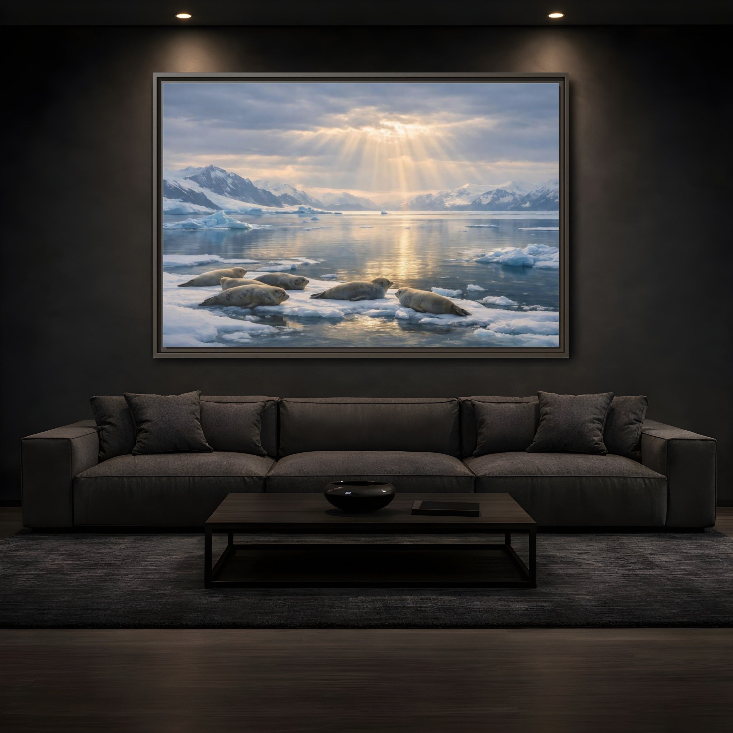 Mockup 3. Animals Seals Sunlit Arctic Seals shown as stretched canvas wall art