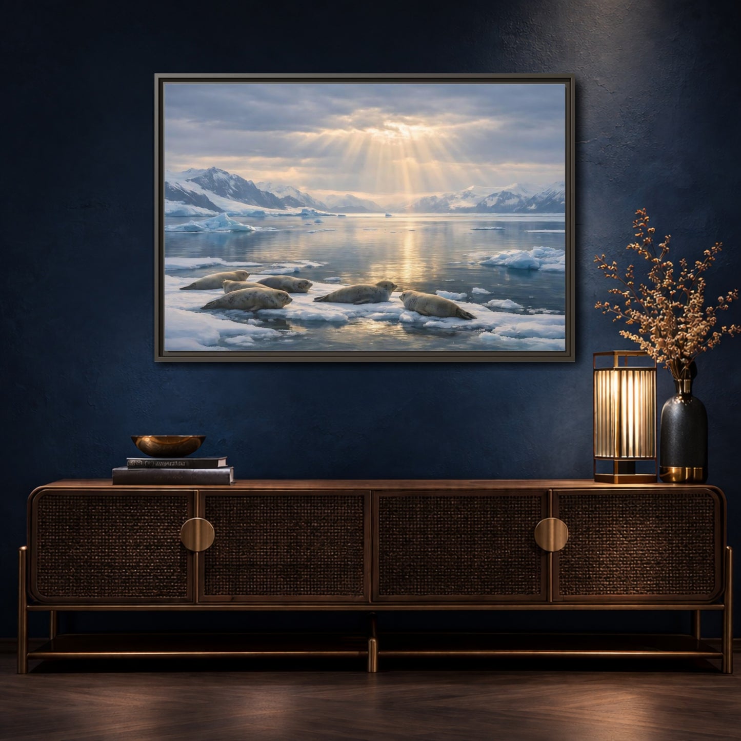Mockup 4. Animals Seals Sunlit Arctic Seals shown as stretched canvas wall art