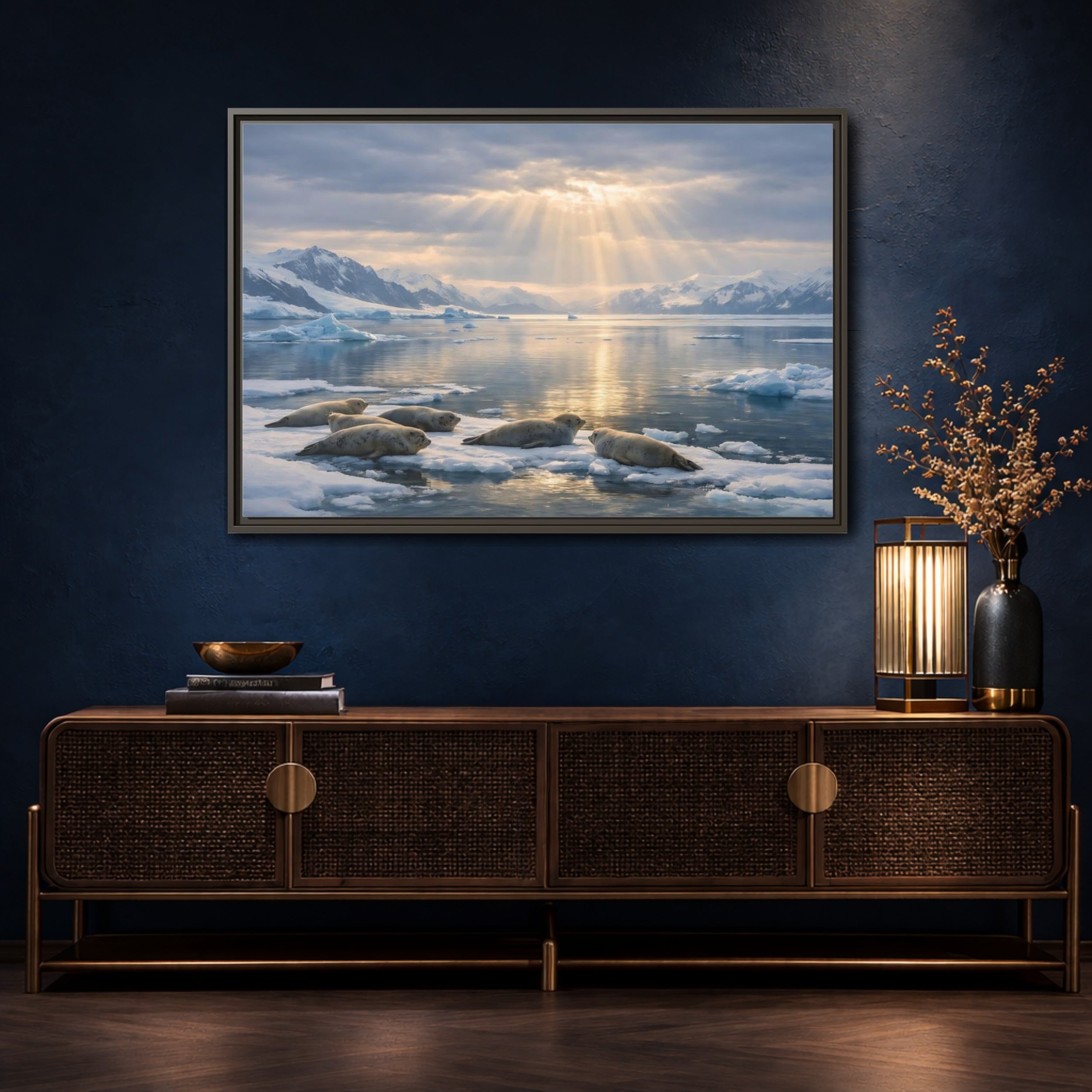 Mockup 4. Animals Seals Sunlit Arctic Seals shown as stretched canvas wall art
