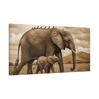 Main Mockup. Animals Sepia Elephant And Calf shown as canvas print