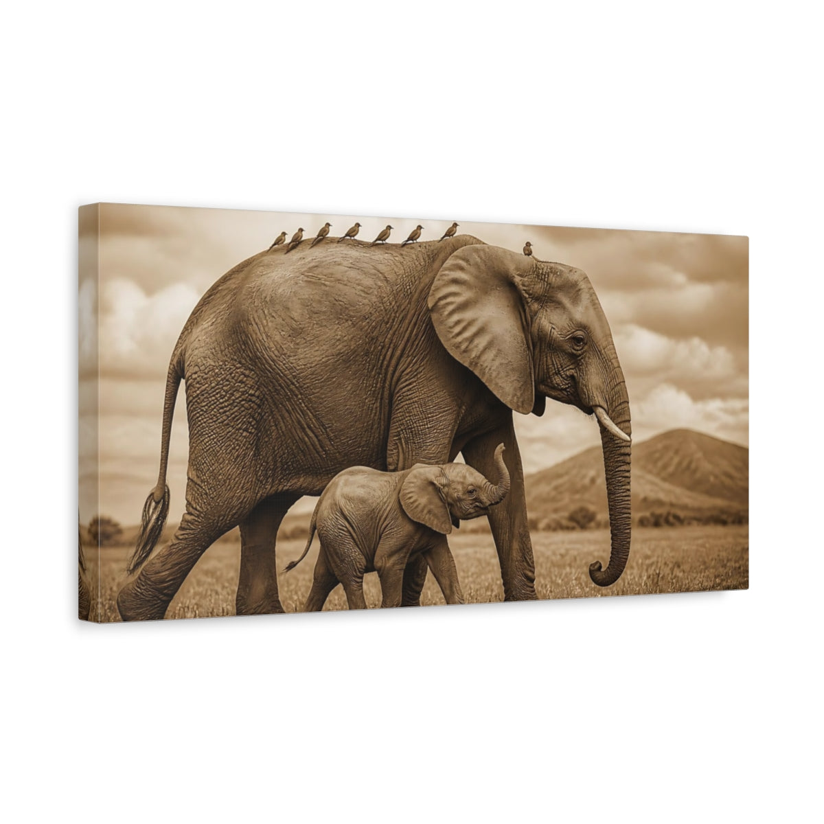 Side Mockup 3. Animals Sepia Elephant And Calf shown as canvas print