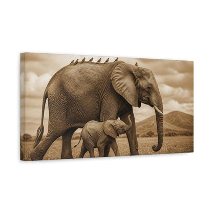 Side Mockup 3. Animals Sepia Elephant And Calf shown as canvas print