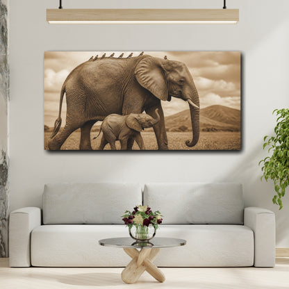Mockup 2. Animals Sepia Elephant And Calf shown as canvas print