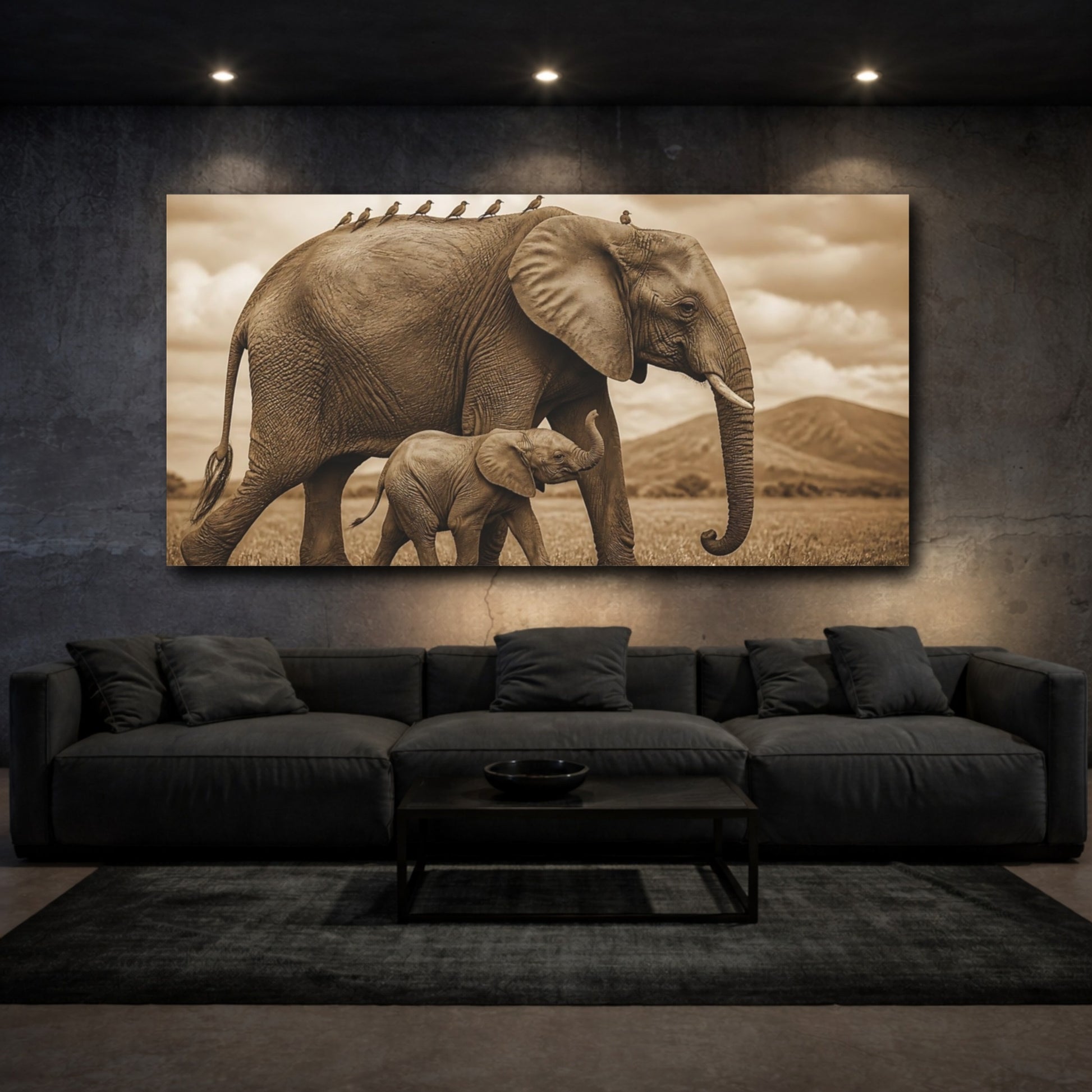 Mockup 3. Animals Sepia Elephant And Calf shown as canvas print