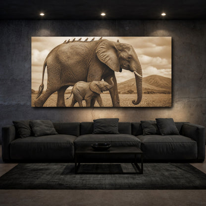 Mockup 3. Animals Sepia Elephant And Calf shown as canvas print