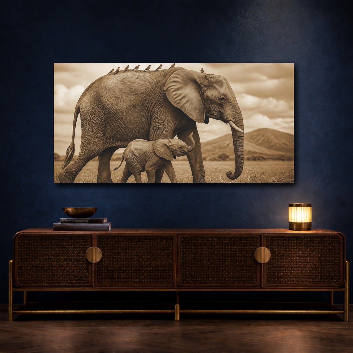 Mockup 4. Animals Sepia Elephant And Calf shown as canvas print