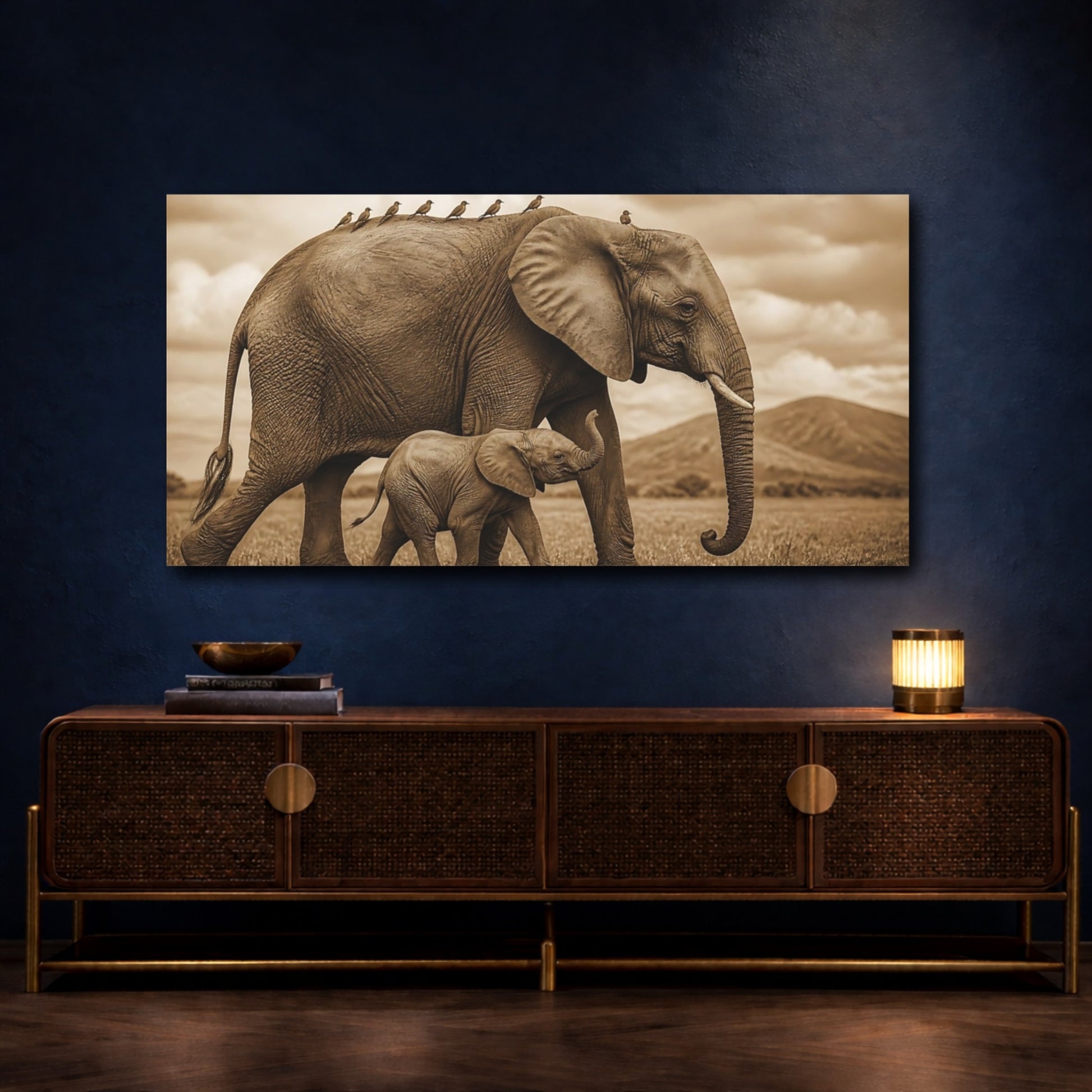 Mockup 4. Animals Sepia Elephant And Calf shown as canvas print