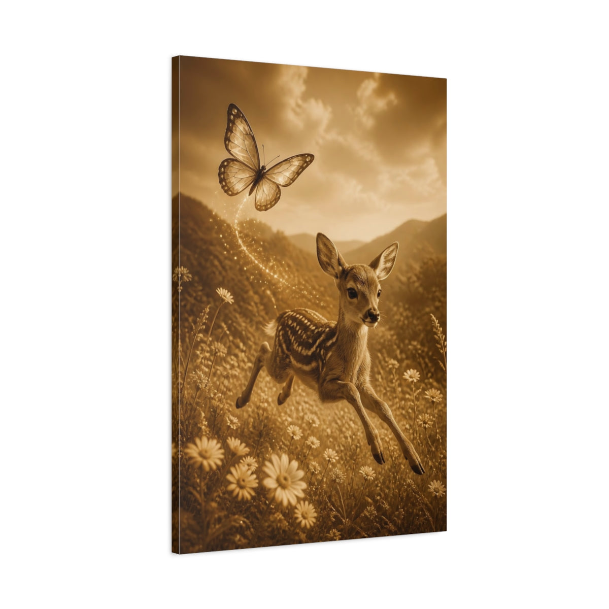 Main Mockup. Animals Sepia Fawn And Butterfly shown as canvas print