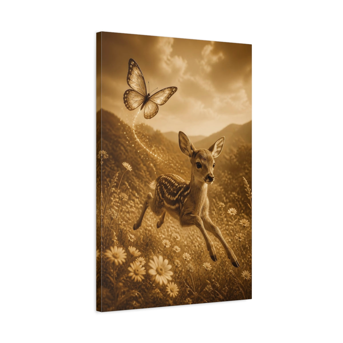 Side Mockup 2. Animals Sepia Fawn And Butterfly shown as canvas print