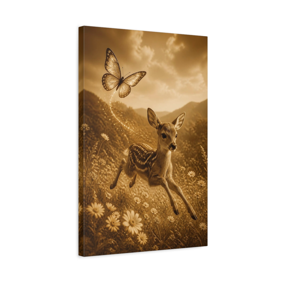 Side Mockup 3. Animals Sepia Fawn And Butterfly shown as canvas print