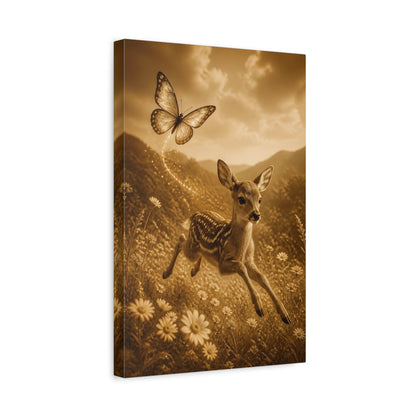 Side Mockup 4. Animals Sepia Fawn And Butterfly shown as canvas print