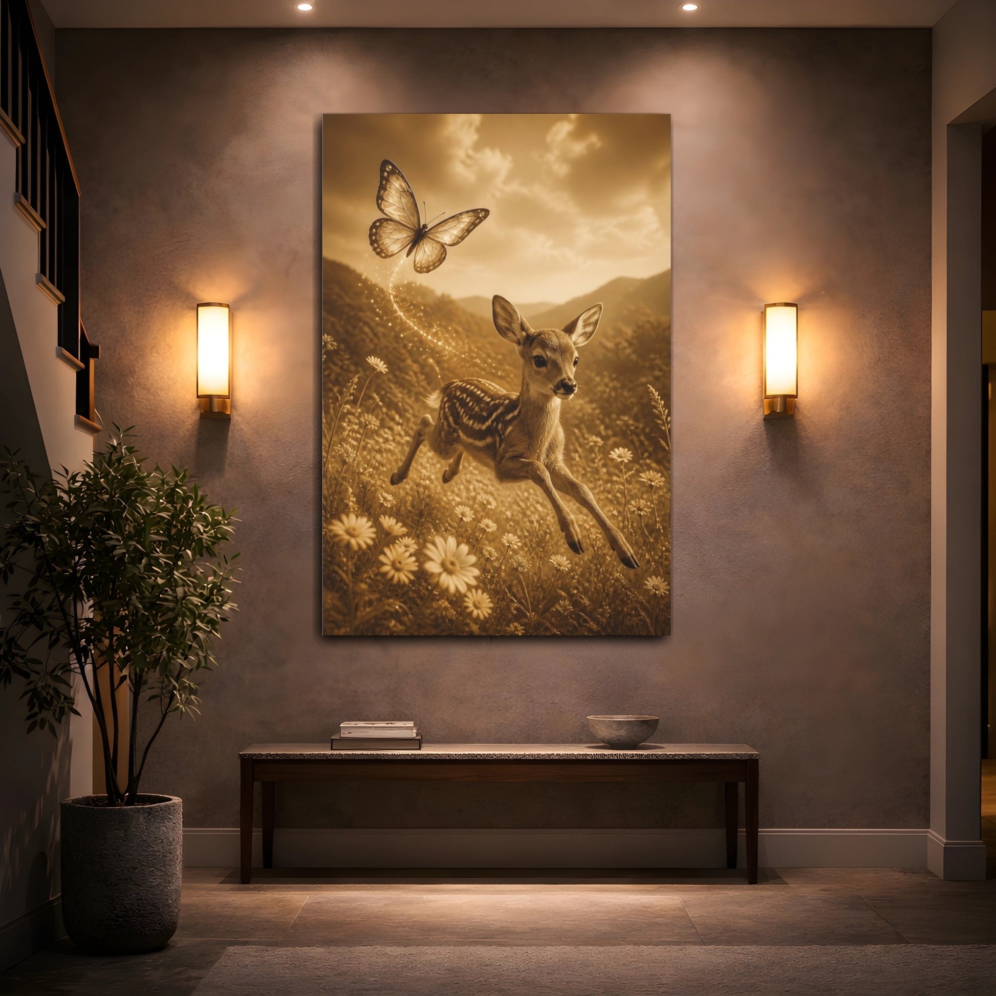 Mockup 2. Animals Sepia Fawn And Butterfly shown as canvas print