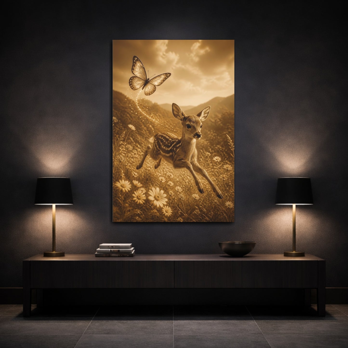 Mockup 3. Animals Sepia Fawn And Butterfly shown as canvas print