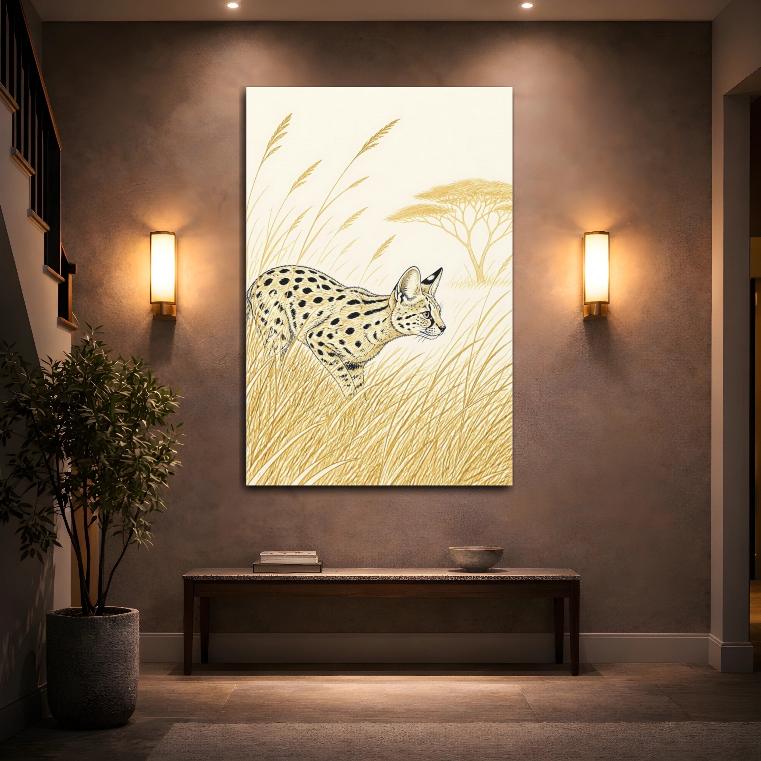 Mockup 2. Animals Serval Brown And Beige shown as stretched canvas wall art