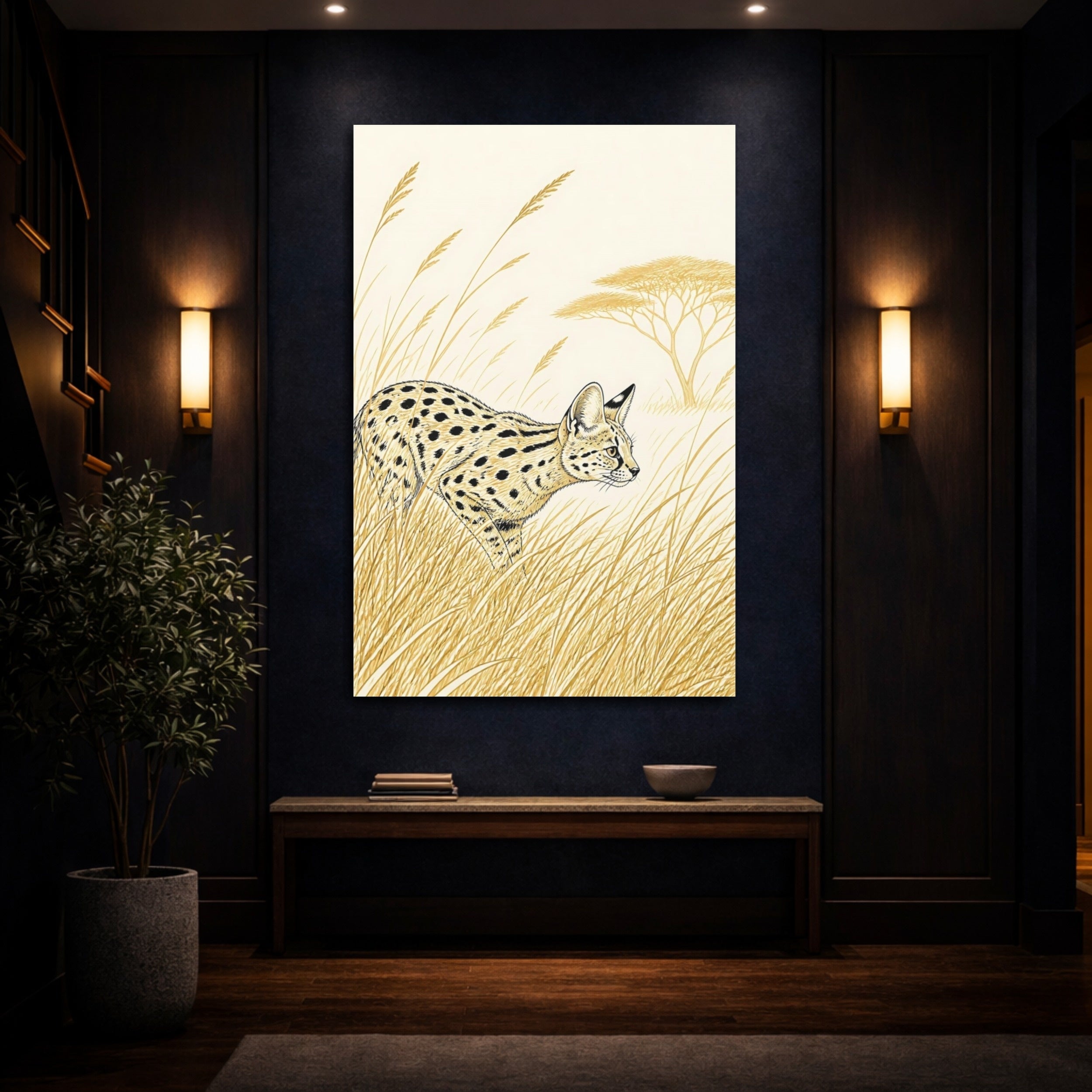 Mockup 4. Animals Serval Brown And Beige shown as stretched canvas wall art