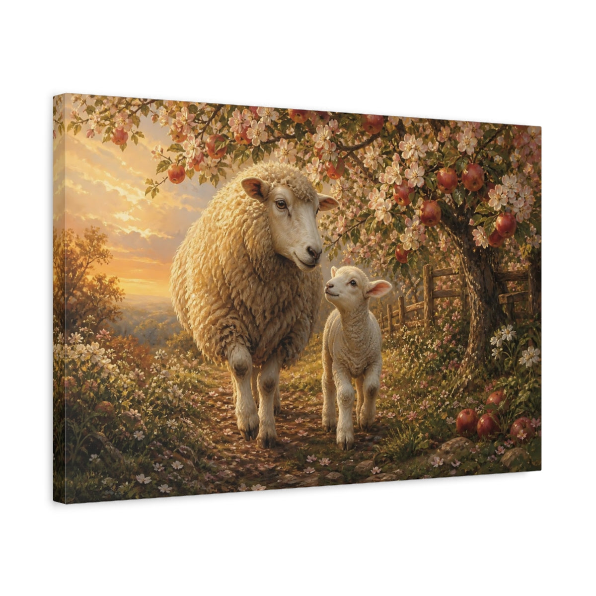 Side Mockup 3. Animals Sheep And Lamb Warm Pastoral Landscape shown as stretched canvas wall art