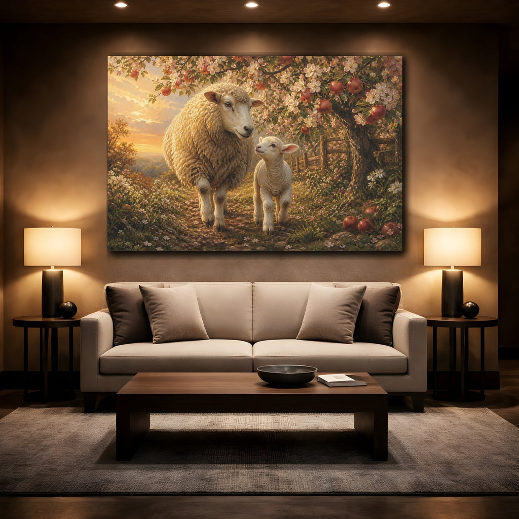 Mockup 2. Animals Sheep And Lamb Warm Pastoral Landscape shown as stretched canvas wall art
