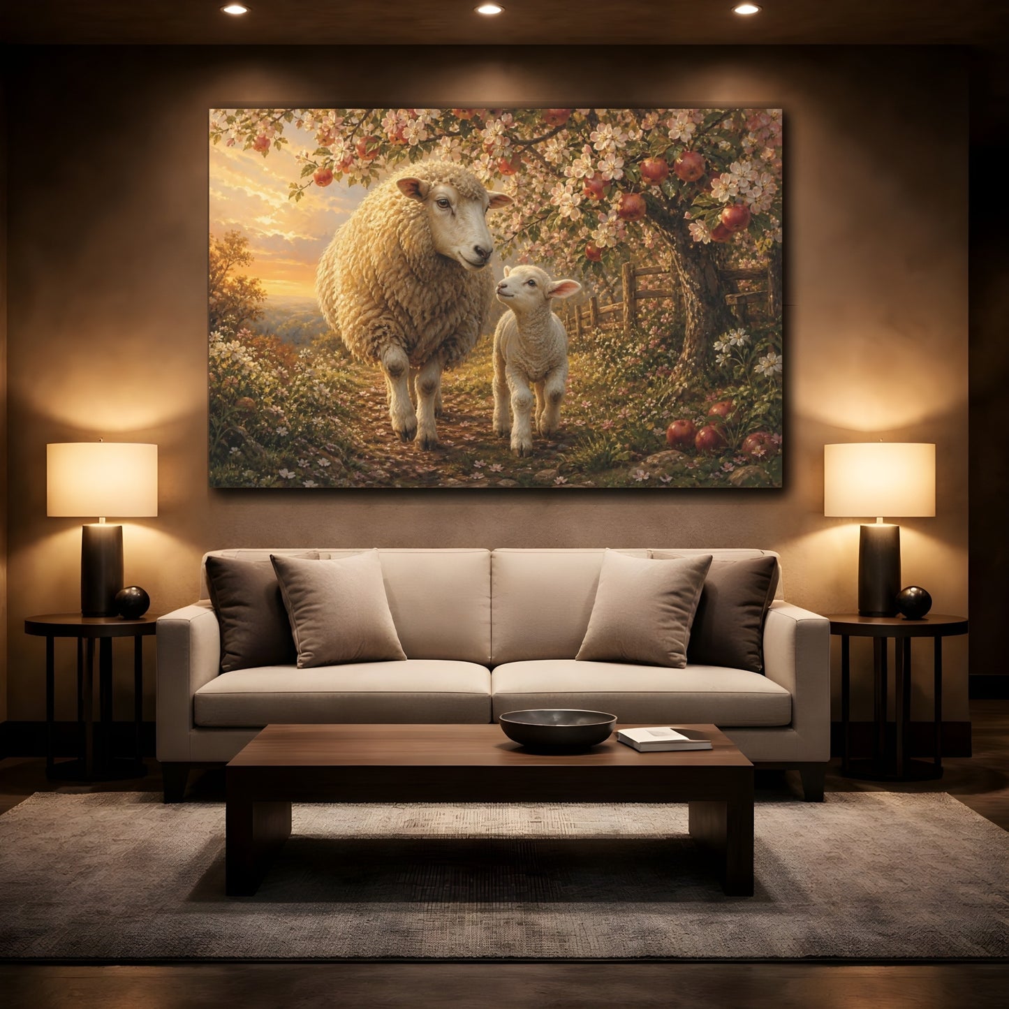Mockup 2. Animals Sheep And Lamb Warm Pastoral Landscape shown as stretched canvas wall art