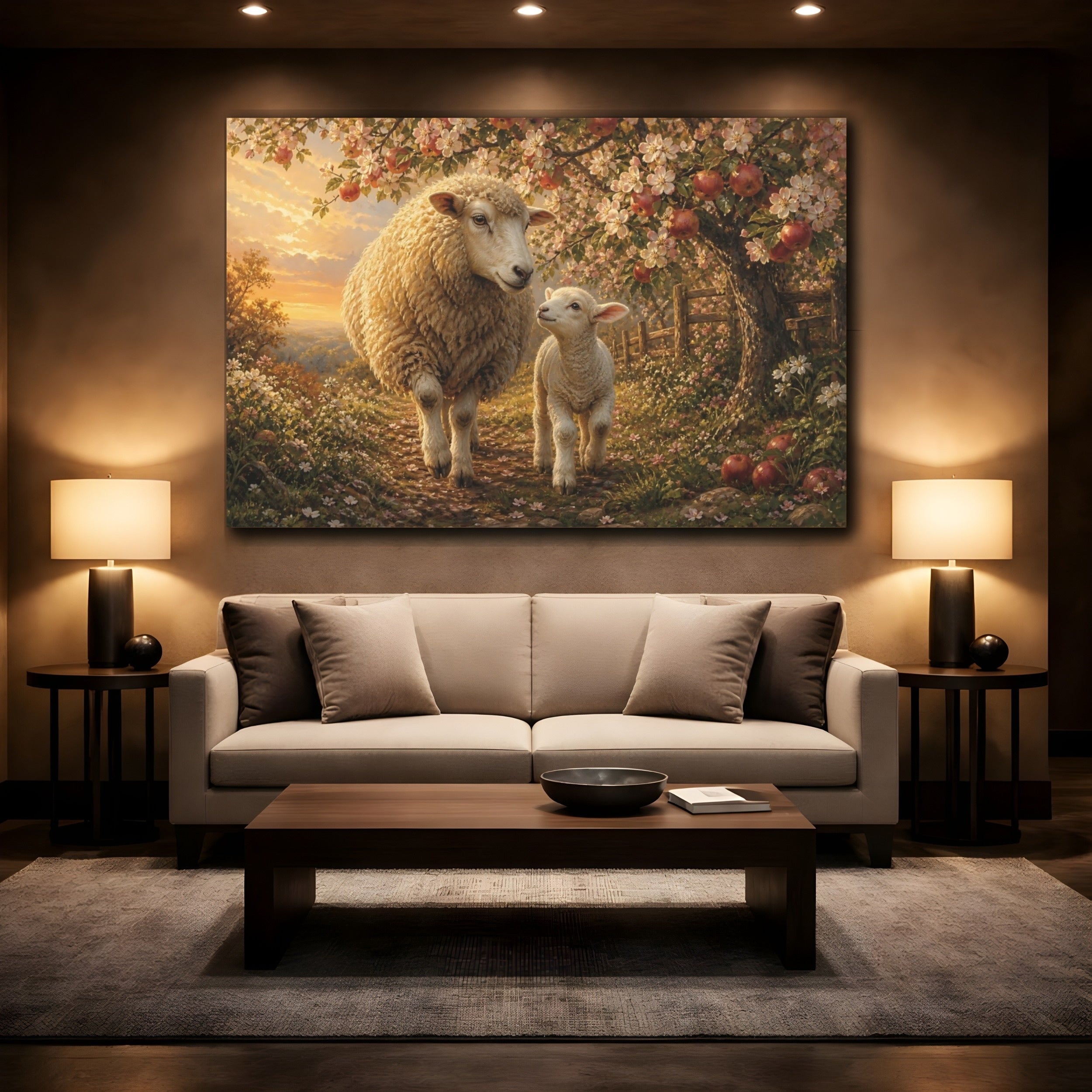 Mockup 2. Animals Sheep And Lamb Warm Pastoral Landscape shown as stretched canvas wall art
