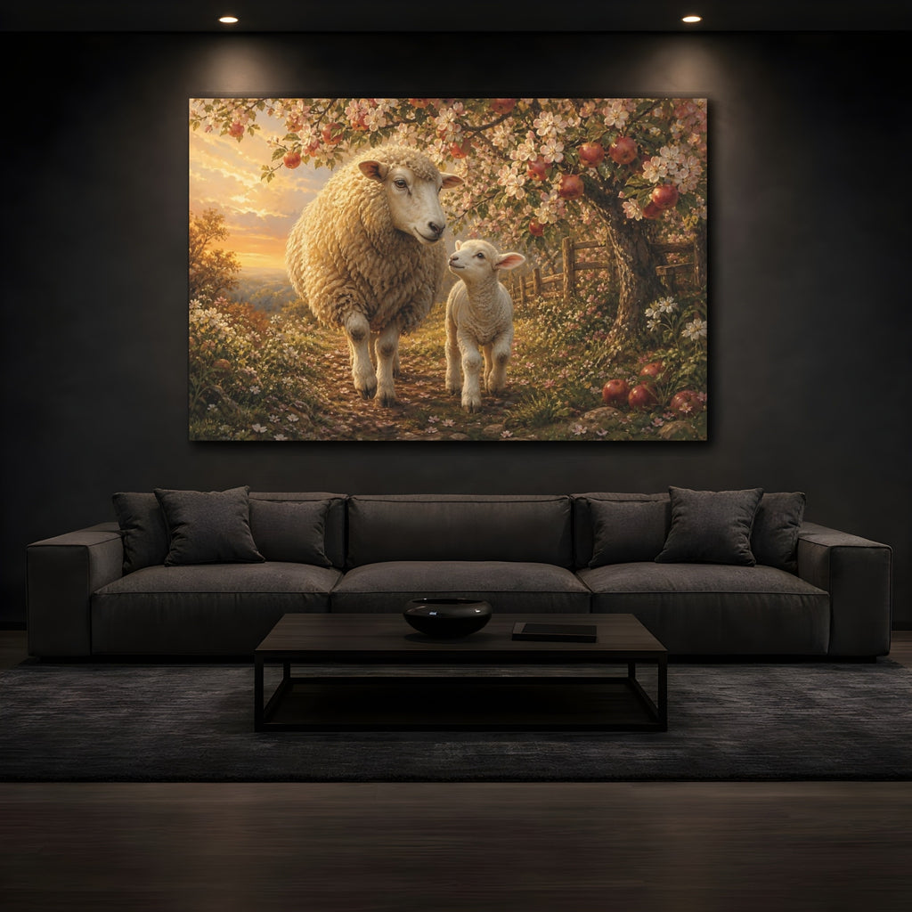 Mockup 3. Animals Sheep And Lamb Warm Pastoral Landscape shown as stretched canvas wall art