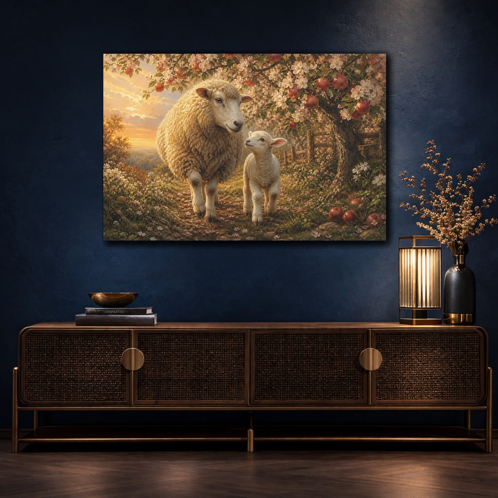 Mockup 4. Animals Sheep And Lamb Warm Pastoral Landscape shown as stretched canvas wall art