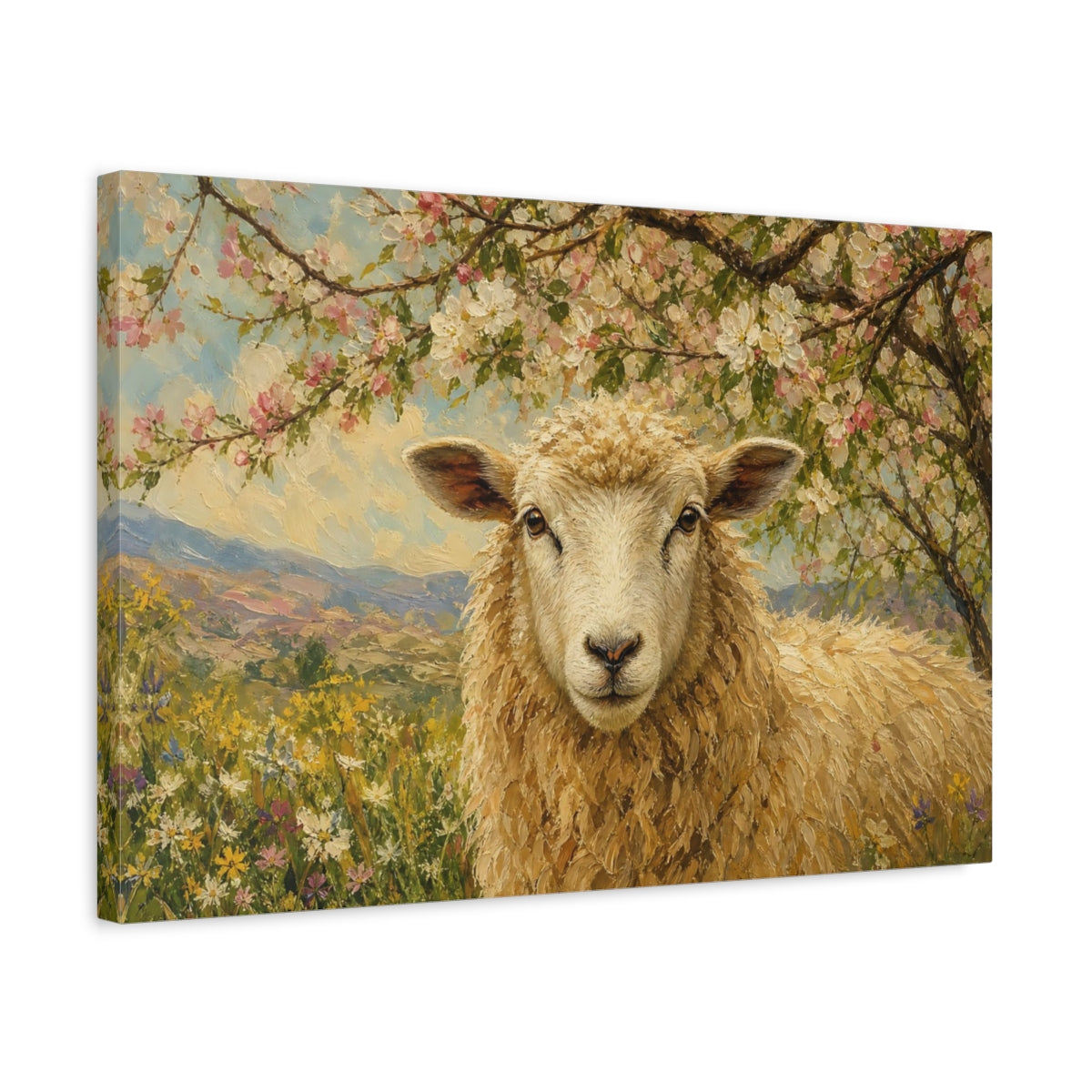 Side Mockup 3. Animals Sheep Golden Sheep shown as stretched canvas wall art