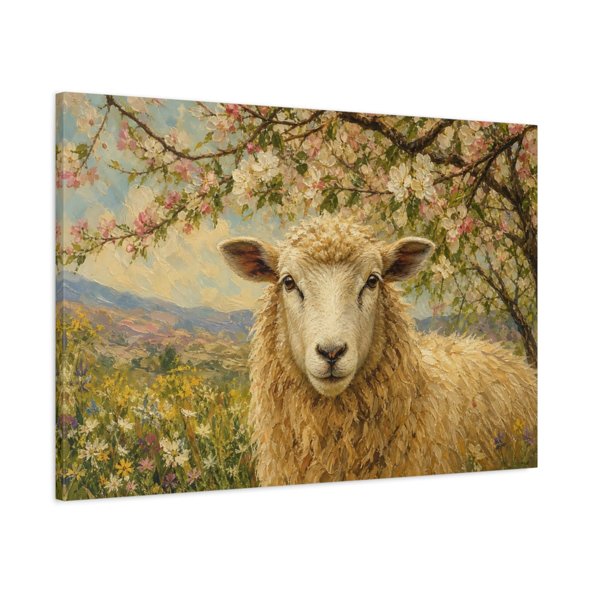 Main Mockup. Animals Sheep Golden Sheep shown as stretched canvas wall art