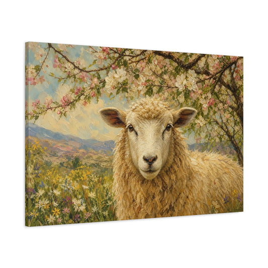Main Mockup. Animals Sheep Golden Sheep shown as stretched canvas wall art